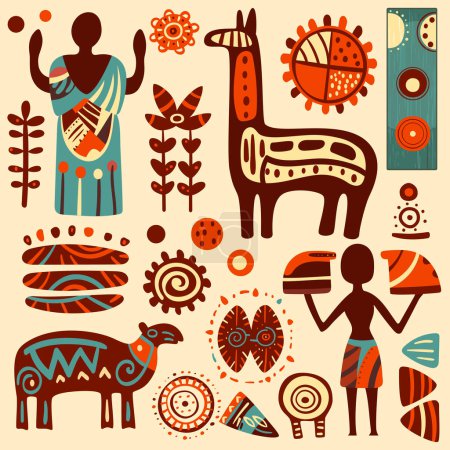 Ilustración de Conjunto de llamativo ornamento étnico. Motivos tribales africanos. Se puede utilizar para tarjetas, banners, fondos, volantes, carteles, etiquetas de regalo, etiquetas o plantillas de carteles. Ilustración vectorial EPS8 - Imagen libre de derechos