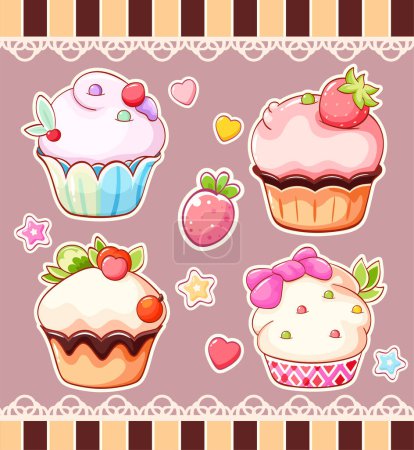 Ilustración de Conjunto de pegatinas con lindos postres dulces en estilo kawaii. Pastel, magdalena y magdalena con crema batida, cereza y fresa. Ilustración vectorial EPS8 - Imagen libre de derechos