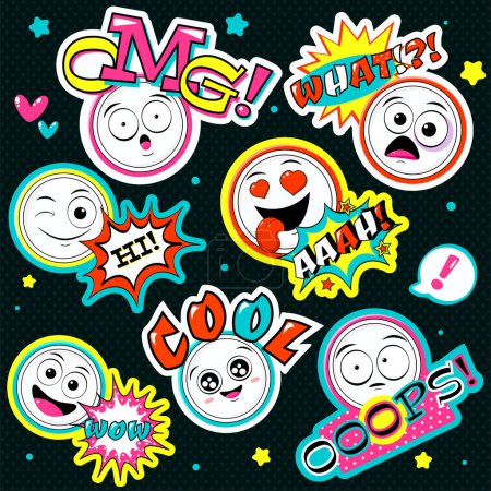 Illustration for Set of comic speech bubble with inscription: wow, what, omg, aaah, hi, cool and emoticons with different mood. Collection of emoji faces in different expression - happy, fear, crazy. Vector EPS8 - Royalty Free Image