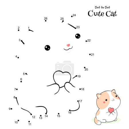 Illustration for Connect The Dots and Draw Cute Cat. Dot to dot puzzle - cartoon little kitty with heart. Educational Game for Kids. Drawing for Preschool children. Vector Illustration EPS8 - Royalty Free Image