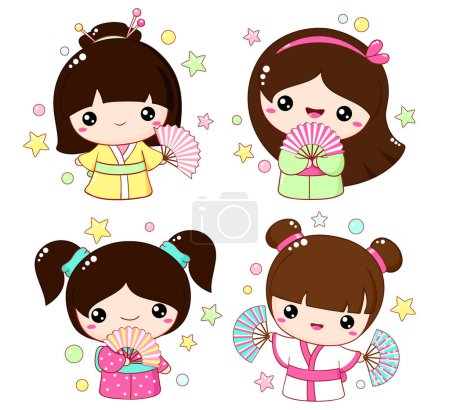 Téléchargez les illustrations : Ensemble de petites filles mignonnes avec des fans dans le style kawaii. Hanami collection de jouets traditionnels japonais kokeshi poupée en kimono. Illustration vectorielle EPS8 - en licence libre de droit