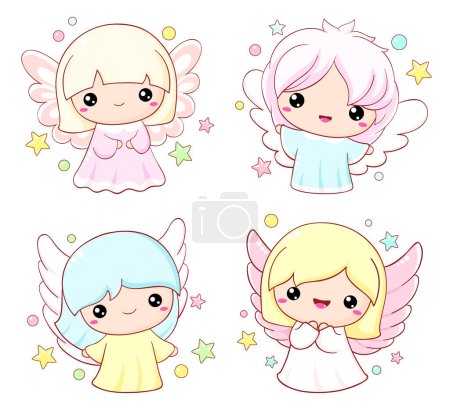 Illustration for Cute cartoon Christmas angels set. Collection of Easter angel in kawaii style. Little baby in angel costume. Vector illustration EPS8 - Royalty Free Image