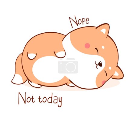 Square card with a lying lazy dog and inscription Nope Not today. Funny sleeping fat shiba inu puppy in kawaii style. Vector illustration EPS8