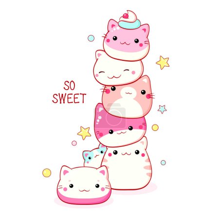 Illustration for Stack of traditional Chinese animal-shaped mantou buns. Cute cat-shaped dessert in kawaii style. Inscription So sweet. Can be used for t-shirt print, sticker, greeting card. Vector illustration EPS8 - Royalty Free Image