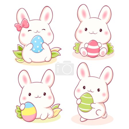 Téléchargez les illustrations : Ensemble de petit lapin dans le style kawaii. Petits lapins avec des œufs de Pâques. Jolie collection de lapins de Pâques. Peut être utilisé pour l'impression de t-shirt, autocollant, carte de vœux. Illustration vectorielle EPS8 - en licence libre de droit