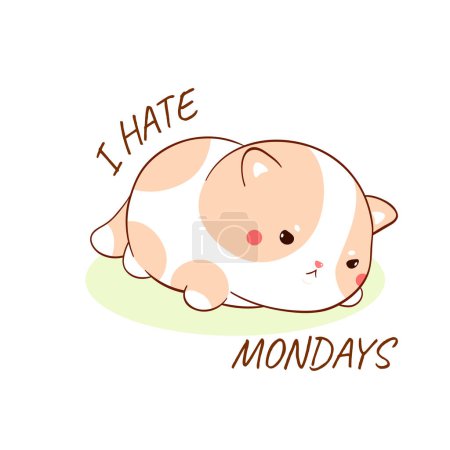 Illustration for Pet is bored at home alone. Cute disgruntled cat on the floor and lettering I hate mondays. Tired, depression, sadness, fear of routine concept. Sad and frustrated kitty on Monday morning. Vector EPS8 - Royalty Free Image