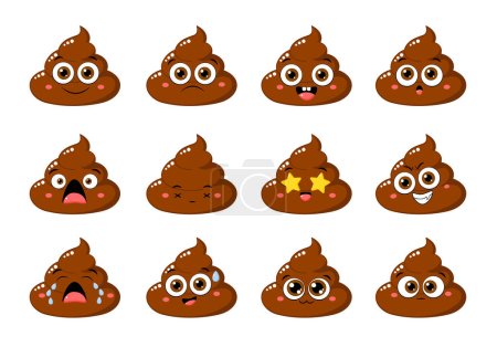 Illustration for Collection of Cute funny poop with different mood. Set of cartoon poo emoji faces in different expressions - happy, sad, cry, fear, crazy - Royalty Free Image