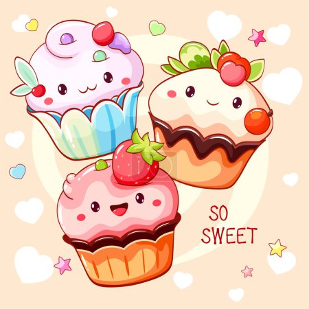 Illustration for Card with cute dessert in kawaii style. Cake, muffin and cupcake with whipped cream and berry. Inscription So sweet. Can be used for t-shirt print, sticker, greeting card. Vector illustration EPS8 - Royalty Free Image
