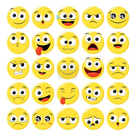 Ilustración de Colección de emoticonos con diferentes estados de ánimo. Conjunto de caricaturas volumétricas caras emoji en diferentes expresiones - feliz, triste, llorar, miedo, loco. Ilustración vectorial EPS8 - Imagen libre de derechos