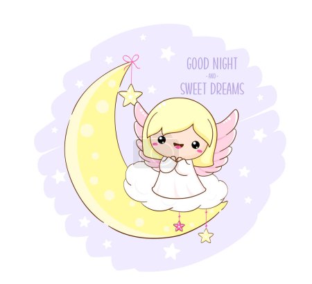 Illustration for Cute Christmas angel on moon. Inscription Good night and sweet dreams. Little angel on crescent. Can be used for childish t-shirt prints, nursery poster, baby shower greeting card. Vector EPS8 - Royalty Free Image