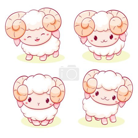 Ilustración de Conjunto de ovejitas al estilo kawaii. Pequeño cordero en múltiples poses. Linda colección de hojas de expresión de mascotas - divertido, feliz, sorprendido. Ilustración vectorial EPS8 - Imagen libre de derechos