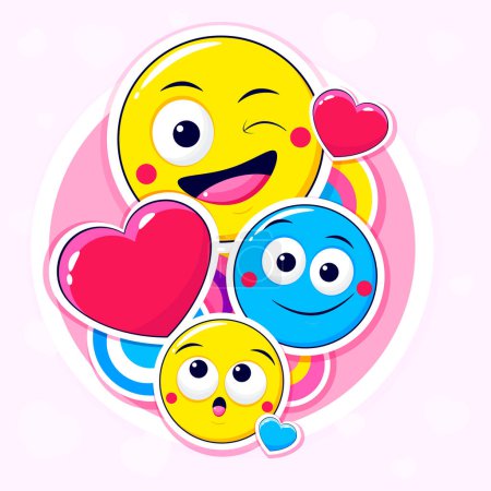Ilustración de Tarjeta llamativa con emoticonos lindos con diferentes estados de ánimo. Caras emoji de dibujos animados en diferentes expresiones - feliz, sorprendido, loco. Puede ser utilizado para la impresión de la camiseta, etiqueta engomada, tarjeta de felicitación. Vector EPS10 - Imagen libre de derechos