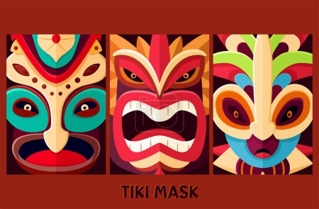 Téléchargez les illustrations : Jeu de cartes avec masque tiki tribal traditionnel hawaïen. Collection d'affiches avec collection de masques polynésiens ou totems. Masque africain traditionnel en bois coloré. Illustration vectorielle EPS8 - en licence libre de droit