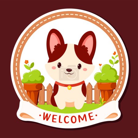 Ilustración de Señal de bienvenida con cachorro. Etiqueta para mascotas con inscripción Bienvenido. Sello o pegatina con lindo perro en el jardín. Se puede utilizar para el hotel, clínica veterinaria, tienda de mascotas. Ilustración vectorial EPS8 - Imagen libre de derechos