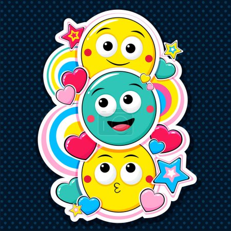 Hingucker Karte mit niedlichen Emoticons mit unterschiedlicher Stimmung. Zeichentrick-Emojis in verschiedenen Ausdrucksformen - glücklich, überrascht, verrückt. Kann für T-Shirt-Druck, Aufkleber, Grußkarte verwendet werden. Vektor EPS10