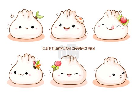 Ilustración de Set de albóndigas chinas tradicionales de dibujos animados. Colección de dumpling lindo en estilo kawaii. Ilustración vectorial EPS8 - Imagen libre de derechos