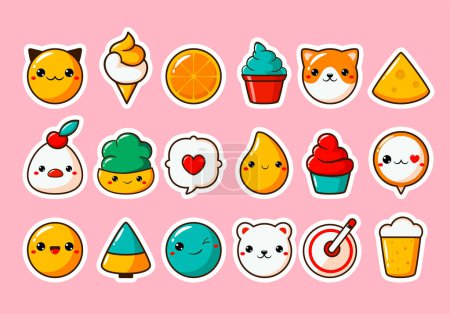 Illustration for Set of stickers in kawaii style. Cute eye-catching tag, label collection with cute kitty, dog, emoji, ice cream, fruit. Collection of trendy sticker with cartoon characters. Vector illustration EPS8 - Royalty Free Image