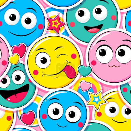 Nahtlos auffälliges Muster mit Emoticons. Zeichentrick-Emojis in verschiedenen Ausdrucksformen. Endlose Textur kann für textile Musterfüllungen, T-Shirt-Design, Webseiten-Hintergrund verwendet werden. Vektor EPS10
