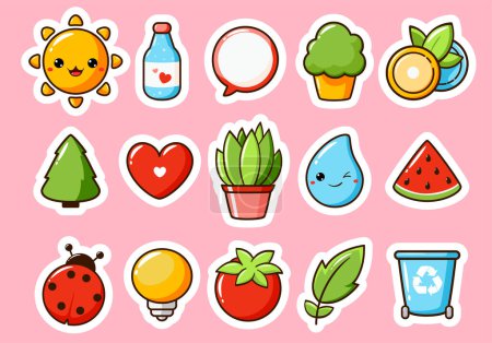 Set of eco stickers in kawaii style. Cute eye-catching summer tag, label collection with cute sun, water drop, plant. Collection of trendy sticker with cartoon characters. Vector illustration EPS8