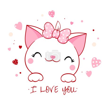 Illustration for Cute Valentine card in kawaii style. Lovely little cat with pink bow and hearts. Inscription I love you. Can be used for t-shirt print, stickers, greeting card design. Vector illustration EPS8 - Royalty Free Image