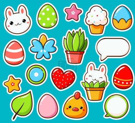 Illustration for Set of Easter stickers in kawaii style. Cute eye-catching Easter tag, label collection with cute bunny, egg, plant. Collection of trendy sticker with cartoon characters. Vector illustration EPS8 - Royalty Free Image