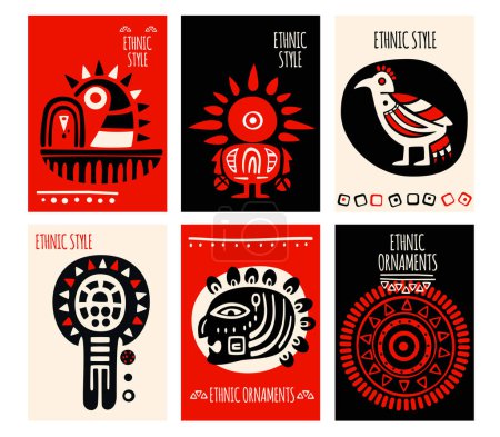 Illustration for Set of eye-catched card, banner, background, flyer, placard with ethnic ornaments. Collection of cards, gift tags, labels or posters templates with mexican tribal motifs. Vector illustration EPS8 - Royalty Free Image