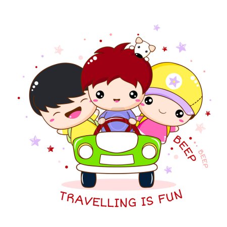 Illustration for Cute traveler friends rides in the car. Three adventurers boys and dog by car. Inscription Travelling is fun. Can be used for kids room poster, print, t-shirt design. Vector illustration EPS8 - Royalty Free Image