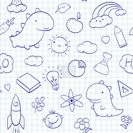 Illustration for Back to school. Seamless pattern with cute hand drawn sketches. Endless pattern with funny sketch on notebook page. Endless texture can be used for textile pattern fills, t-shirt design. Vector EPS8 - Royalty Free Image
