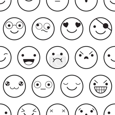 Ilustración de Patrón blanco y negro monocromo sin costuras con emoticonos. Emoji se enfrenta en una expresión diferente. La textura sin fin se puede utilizar para rellenos de patrones textiles, diseño de camisetas, fondo de página web. Vector EPS8 - Imagen libre de derechos