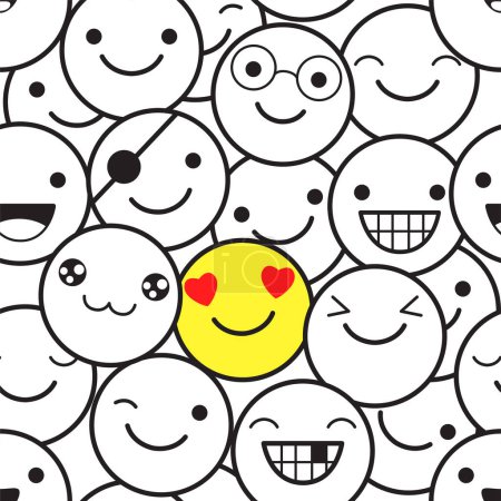 Illustration for Vector seamless pattern with many monochrome and one yellow emoticon. Emoji faces in different expression. Endless texture can be used for textile pattern fills, t-shirt design, web page background - Royalty Free Image
