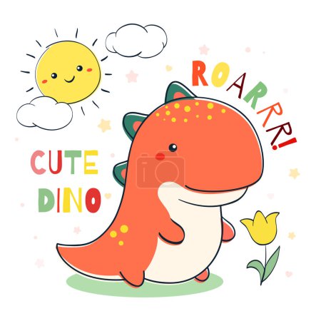 Illustration for Doodle style illustration with cute dino, cloud, sun and flower. Sketch in hand drawn style with smiling cartoon dinosaur. Can be used for kids room poster, card, print, t-shirt design. Vector EPS8 - Royalty Free Image