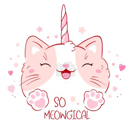 Illustration for Cute card in kawaii style. Lovely unicorn cat with pink hearts. Inscription So meowgical. Happy smiling kitten unicorn. Can be used for t-shirt print, stickers, greeting card design. Vector EPS8 - Royalty Free Image