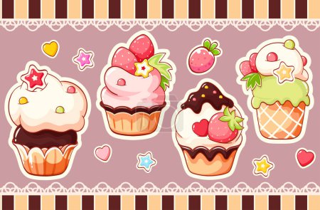 Illustration for Set of stickers with cute sweet desserts in kawaii style. Cake, muffin and cupcake with whipped cream, cherry and strawberry. Vector illustration EPS8 - Royalty Free Image