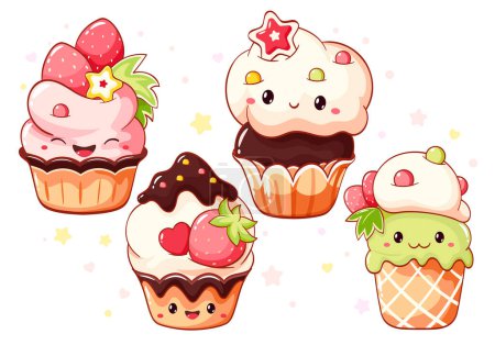 Illustration for Set of cute sweet desserts in kawaii style with smiling face and pink cheeks. Cake, muffin and cupcake with whipped cream, strawberry. Vector illustration EPS8 - Royalty Free Image