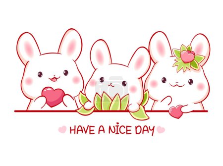 Ilustración de Conjunto de conejito con corazón rosa en estilo kawaii. Colección de Pascua de lindo conejo. Impresión infantil con pequeños conejos bebé para impresión de camiseta, pegatina, diseño de tarjetas de felicitación. Ilustración vectorial EPS10 - Imagen libre de derechos
