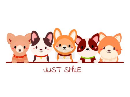 Illustration for Just smile. Frame with little puppies. Decorative border with five cute dog. Childish print with tiny puppy for t-shirt print, sticker, greeting card design. Vector illustration EPS8 - Royalty Free Image