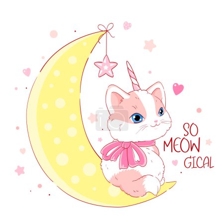 Cute card in kawaii style. Lovely unicorn cat on moon. Inscription So meowgical. Smiling kitten unicorn with bow on crescent. Can be used for t-shirt print, sticker, greeting card design. Vector EPS8