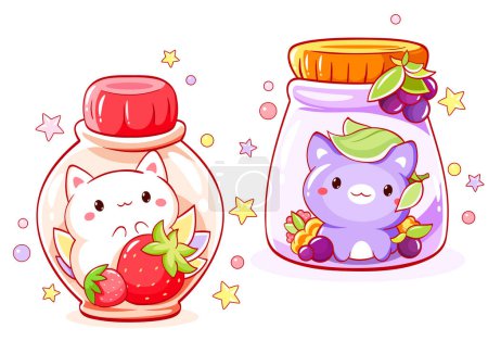 Niedliche winzige Katze mit Beeren in Glasflasche. Set von niedlichen Tieren. Kawaii Kätzchen mit Erdbeere. Frische Getränke und Getränke. Kann für T-Shirt-Druck, Aufkleber, Grußkarte verwendet werden. Vektorabbildung EPS8