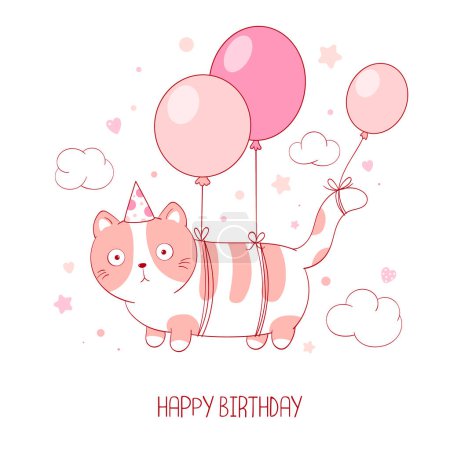 Urlaubskarte mit Katze im Hut, die auf Luftballons fliegt. Glückwunschkarte zum Geburtstag mit lustigen dicken Katzen. Vertikale Geburtstagskarte mit hübscher Katze. Vektorabbildung EPS8