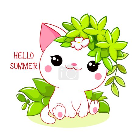 Niedliche Saisonkarte im Kawaii-Stil. Schöne kleine Katze mit grünen Blättern. Aufschrift Hallo Sommer. Kann für T-Shirt-Druck, Aufkleber, Grußkarten-Design verwendet werden. Vektorabbildung EPS8