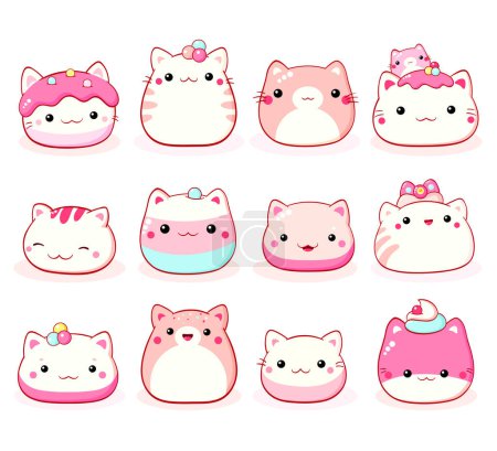 Set of traditional Chinese animal-shaped mantou buns. Collection of cute cat-shaped asian dessert in kawaii style. Can be used for t-shirt print, sticker, greeting card. Vector illustration EPS8