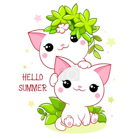 Niedliche Saisonkarte im Kawaii-Stil. Zwei hübsche kleine Katzen mit grünen Blättern. Aufschrift Hallo Sommer. Kann für T-Shirt-Druck, Aufkleber, Grußkarten-Design verwendet werden. Vektorabbildung EPS8