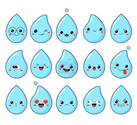Ilustración de Collection of water drop emoticon with different mood. Set of cute cartoon droplet with emoji faces in different expressions - happy, sad, cry, fear, crazy. Vector illustration EPS8 - Imagen libre de derechos