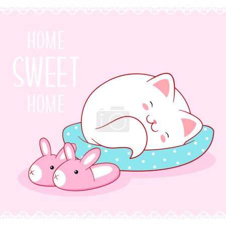 Niedliche Saisonkarte mit Kätzchen. Schöne kleine Katze schläft. Inschrift Home sweet home. Kann für T-Shirt-Druck, Aufkleber, Grußkarten-Design verwendet werden. Vektorabbildung EPS8