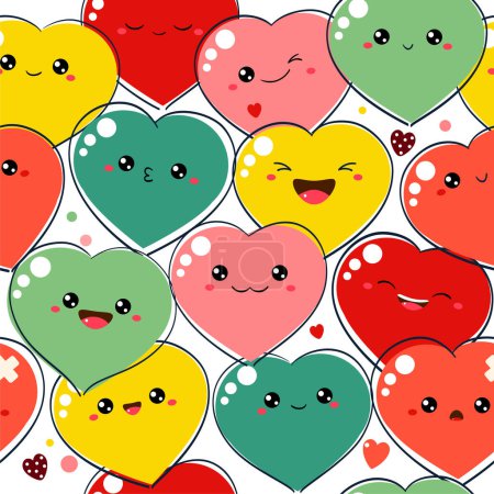 Nahtloses Muster mit Cartoon-Herzen mit Emoji-Gesichtern. Niedlicher Valentine Print im Kawaii-Stil. Endlose Textur kann für textile Musterfüllungen, T-Shirt-Design, Webseiten-Hintergrund verwendet werden