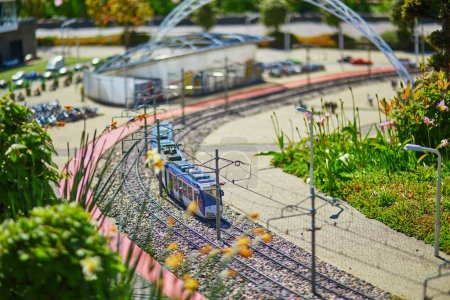 Photo for THE HAGUE, THE NETHERLANDS - APRIL 26, 2022: Mini models of trains at Madurodam miniature park, The Hague, the Netherlands, Holland - Royalty Free Image