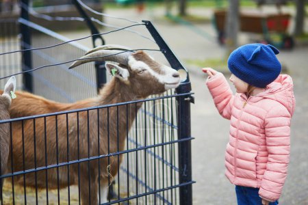 Photo for Adorable little girl feeding goat at farm. Child familiarizing herself with animals. Farming and gardening for small children. Outdoor activities for kids - Royalty Free Image