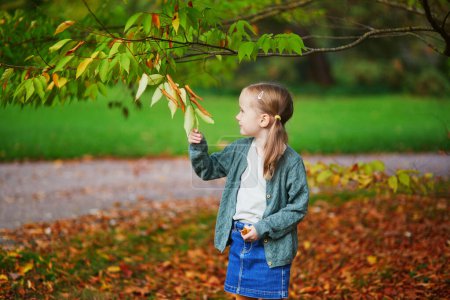 Téléchargez les photos : Adorable enfant d'âge préscolaire profiter de la journée d'automne en plein air. Joyeux enfant rassemblant des feuilles d'automne à Paris, France. Activités d'automne en plein air pour enfants - en image libre de droit
