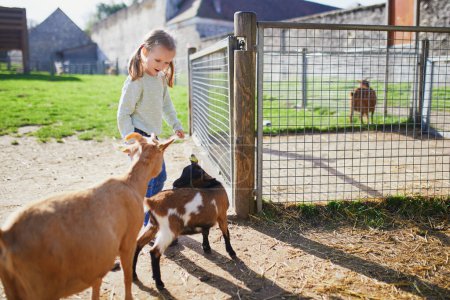 Téléchargez les photos : Adorable petite fille jouant avec des chèvres à la ferme. Enfant se familiarisant avec les animaux. Agriculture et jardinage pour les jeunes enfants. Activités de plein air pour enfants - en image libre de droit