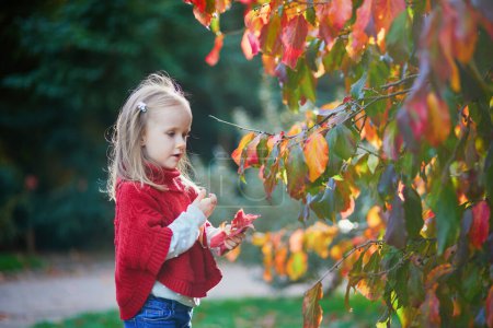 Téléchargez les photos : Adorable enfant d'âge préscolaire profiter de la journée d'automne en plein air. Joyeux enfant rassemblant des feuilles d'automne à Paris, France. Activités d'automne en plein air pour enfants - en image libre de droit
